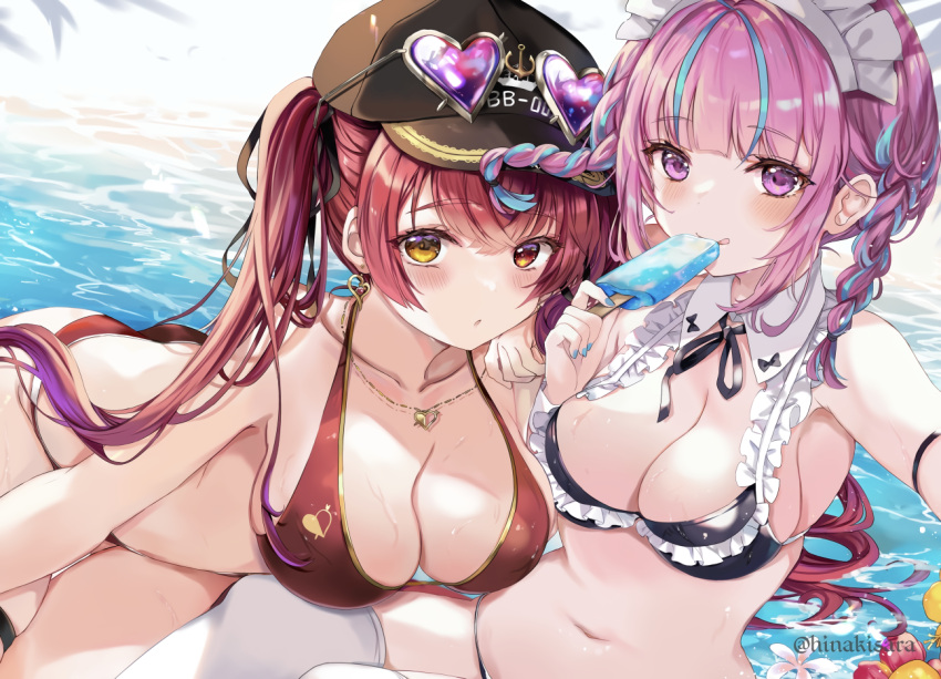 2girls aliasing ass bikini blush braids breasts cleavage food hat headdress hinahino hololive houshou_marine long_hair minato_aqua navel necklace popsicle purple_eyes purple_hair red_hair ribbons sunglasses swimsuit thighhighs twintails water watermark