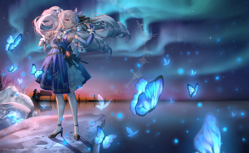 2girls bronya_zaychik butterfly clouds dress ginklaga gray_hair honkai_impact instrument long_hair night piano reflection sky stars violin water watermark