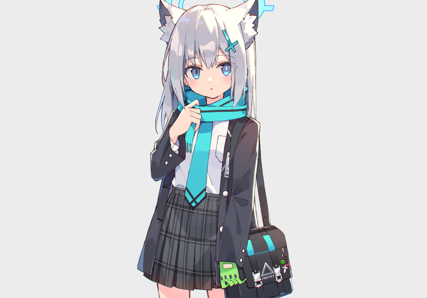 animal_ears aqua_eyes blue_archive foxgirl gloves gray_hair halo long_hair scarf school_uniform skirt sunaookami_shiroko tie zoirun