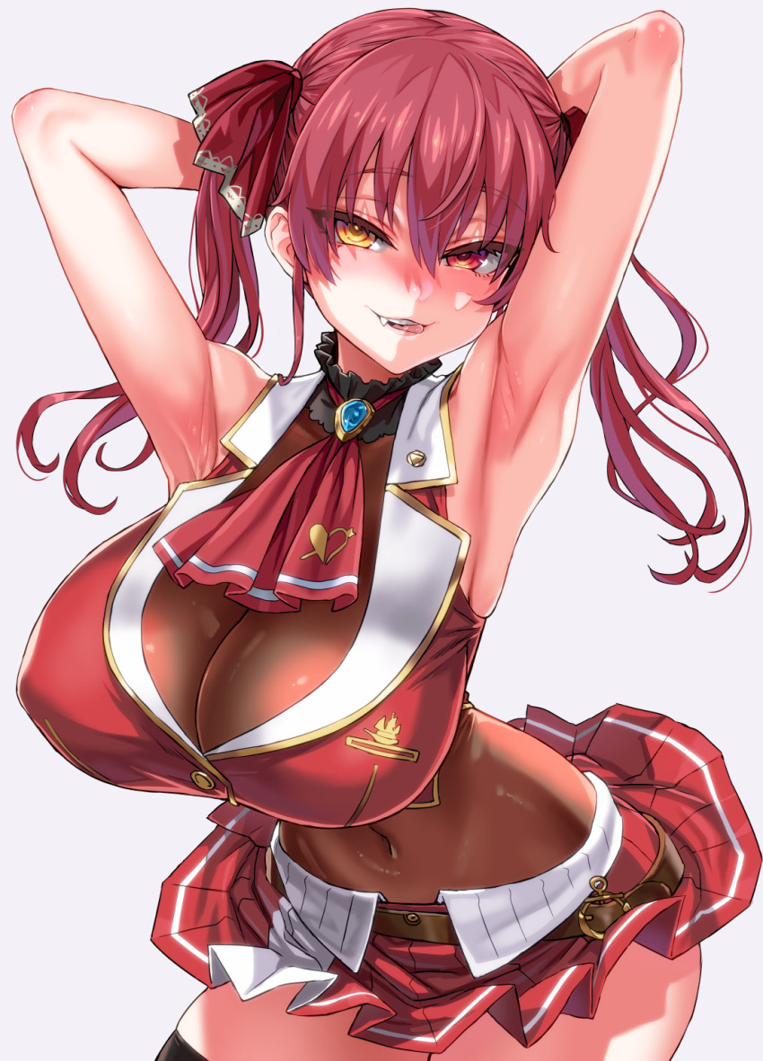 1girl armpits arms_behind_head asanagi ascot bangs bare_shoulders belt black_legwear breasts brooch brown_belt covered_navel covered_nipples cropped_jacket eyebrows_visible_through_hair fang frilled_shirt_collar frills gold_trim grey_background hair_ribbon heterochromia highres hololive houshou_marine huge_breasts jacket jewelry leaning_forward leather_belt leotard leotard_under_clothes long_hair looking_at_viewer miniskirt parted_lips pleated_skirt red_eyes red_hair red_jacket red_neckwear red_ribbon red_skirt ribbon sheer_leotard simple_background skirt sleeveless sleeveless_jacket solo standing thighhighs twintails very_long_hair virtual_youtuber yellow_eyes