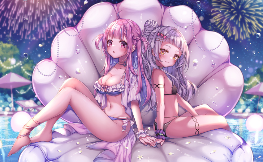 2girls barefoot bikini braids fireworks gray_hair hololive kashiba_aira long_hair minato_aqua murasaki_shion purple_eyes purple_hair signed sky swimsuit water yellow_eyes