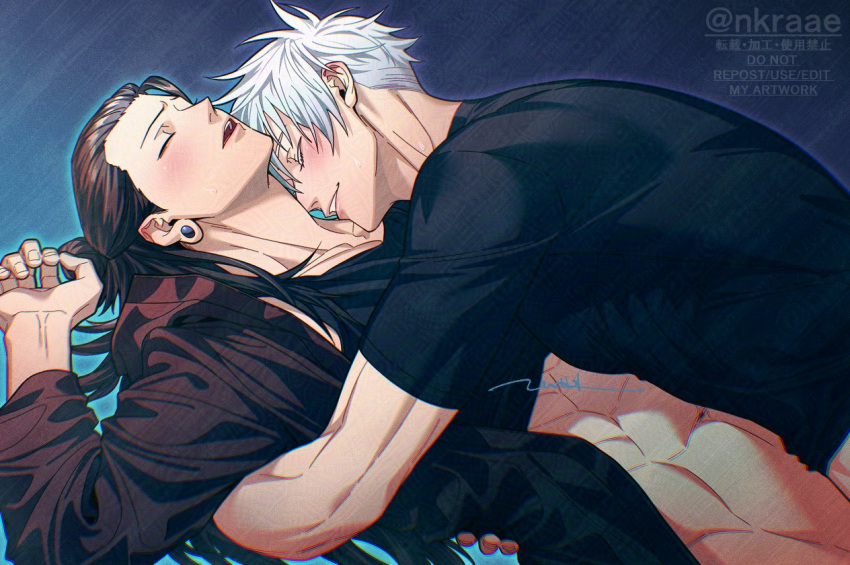 2boys arm_around_back arm_up black_hair black_shirt closed_eyes colored_eyelashes commentary_request dutch_angle earrings getou_suguru gojou_satoru groin jewelry jujutsu_kaisen long_hair long_sleeves male_focus multiple_boys nkraae open_clothes open_mouth open_shirt piercing plug_(piercing) shirt short_sleeves smile t-shirt teeth upper_teeth_only watermark white_hair yaoi