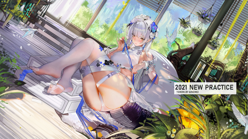 animal arknights ass bird blush erect_nipples flowers forest gray_hair headdress long_hair plumw pointed_ears swimsuit tail thighhighs tomimi_(arknights) tree watermark wristwear yellow_eyes