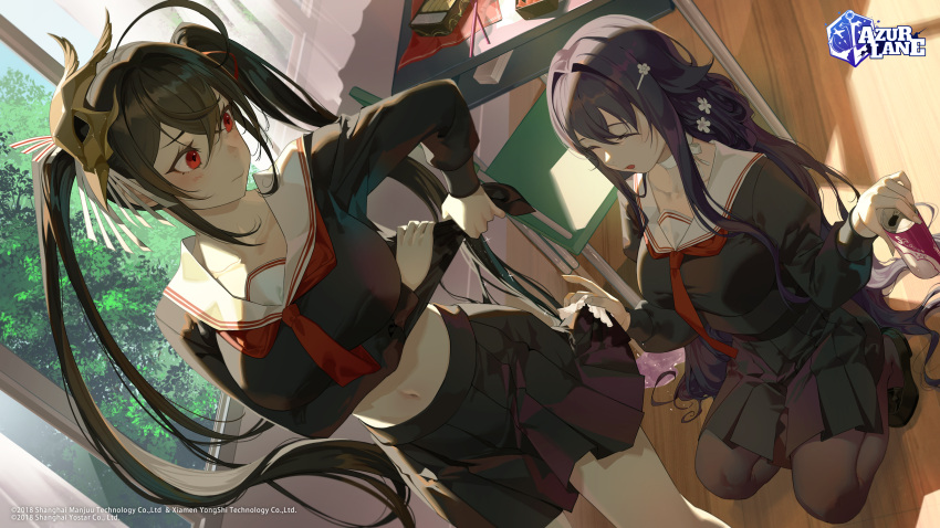 2girls anthropomorphism azuma_(azur_lane) azur_lane black_hair blush breast_hold choker drink food logo long_hair navel panty_(character) purple_hair red_eyes salmon88 school_uniform skirt taihou_(azur_lane) twintails wet