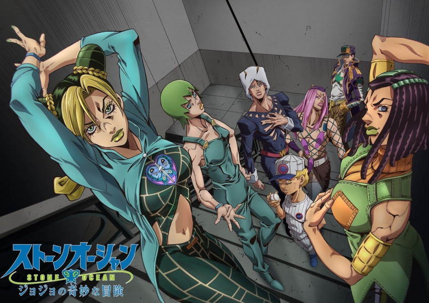 3girls 4boys artist_request baseball baseball_cap baseball_uniform blonde_hair copyright_name emporio_alnino english_text ermes_costello eyelashes foo_fighters green_hair hat jojo_no_kimyou_na_bouken jojo_pose kujo_jolyne kujo_jotaro logo long_hair looking_at_viewer midriff multicolored_hair multiple_boys multiple_girls narciso_anasui navel official_art pink_hair pose short_hair smile source_request sportswear standing stone_ocean two-tone_hair weather_report