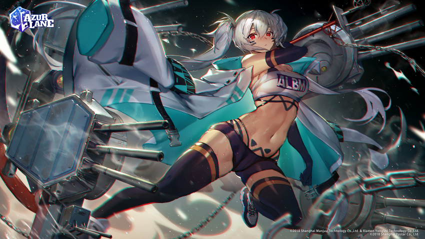 alabama_(azur_lane) anthropomorphism azur_lane blush cape chain elbow_gloves gloves gray_hair gun logo mebaru mechagirl red_eyes shorts tattoo thighhighs twintails weapon zettai_ryouiki