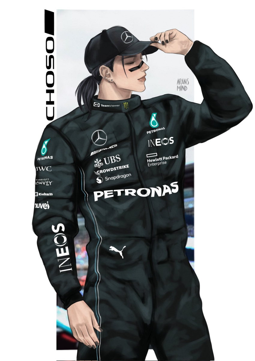 1boy adjusting_clothes adjusting_headwear alternate_costume aransmind artist_name baseball_cap black_hair black_jumpsuit black_nails blurry blurry_background border car character_name choso_(jujutsu_kaisen) closed_eyes cowboy_shot ear_piercing english_text face_piercing formula_one formula_racer hat highres ibispaint_(medium) jujutsu_kaisen jumpsuit lip_piercing looking_to_the_side low_ponytail mercedes-benz monster_energy motor_vehicle outside_border piercing ponytail puma_(brand) race_vehicle racecar racing_suit short_ponytail standing white_border