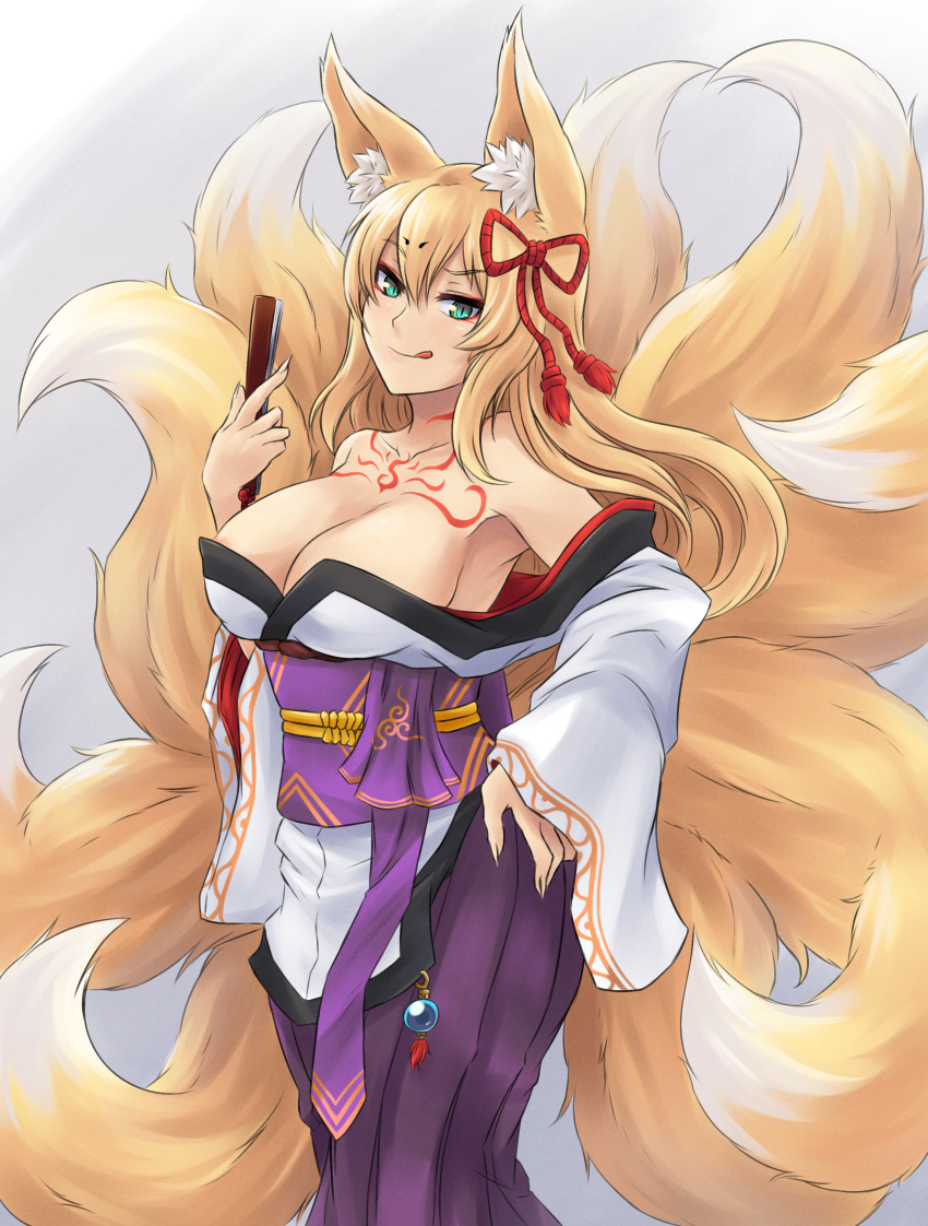 1girl absurdres animal_ear_fluff animal_ears bangs bare_shoulders blonde_hair breasts chest_tattoo commentary english_commentary eyeliner folding_fan fox_ears fox_tail green_eyes hair_ornament hand_fan highres holding holding_fan huge_filesize japanese_clothes kitsune kuron_hakaisha large_breasts long_hair looking_at_viewer makeup mon-musu_quest! monster_girl multiple_tails simple_background slit_pupils smile solo spoilers standing tail tamamo_(mon-musu_quest!) tattoo tongue tongue_out wide_sleeves