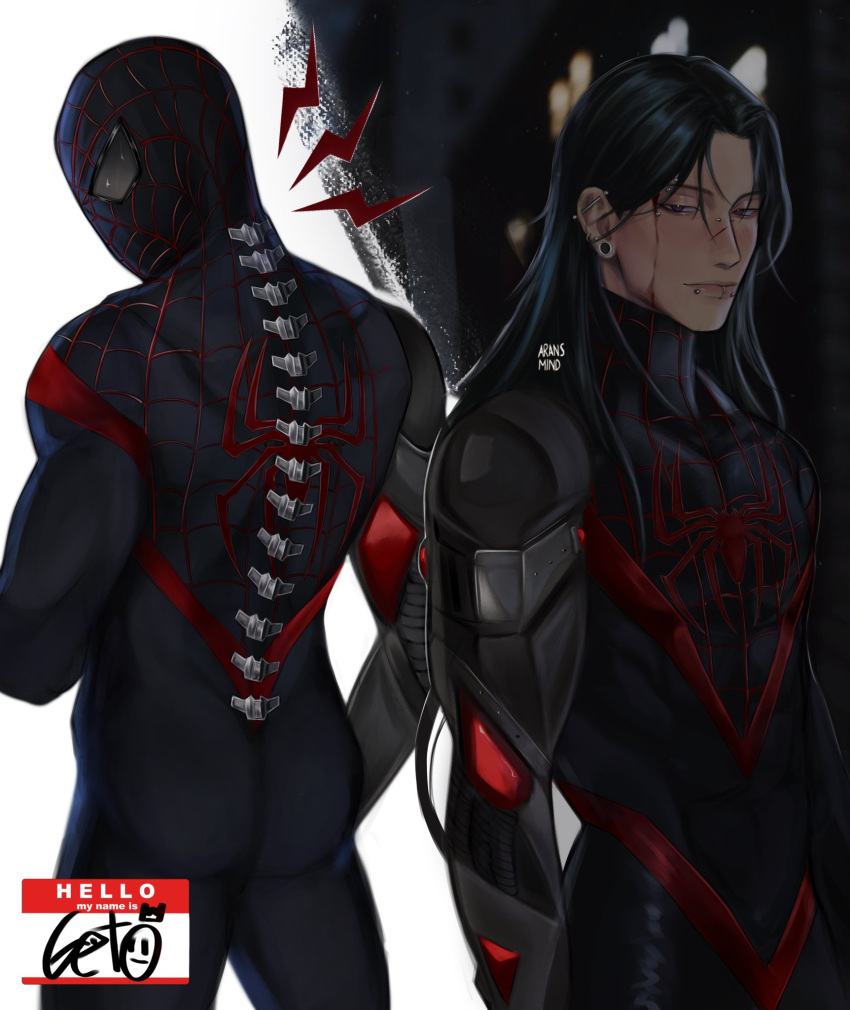 1boy alternate_costume animal_print aransmind artist_name back black_bodysuit black_hair blood blood_on_cheek blood_on_face blood_on_nose bodysuit character_name cosplay cowboy_shot ear_piercing eye_piercing eyebrow_piercing face_piercing getou_suguru highres ibispaint_(medium) jujutsu_kaisen lip_piercing long_hair looking_at_viewer looking_back male_focus marvel mask mechanical_arms multiple_views night no_mask nose_piercing parted_bangs piercing plug_(piercing) purple_eyes red-eye_effect red_trim single_mechanical_arm spider-man:_across_the_spider-verse spider-man_(miles_morales) spider-man_(miles_morales)_(cosplay) spider-man_(series) spider-sense_(spider-man) spider-verse spider_print spider_web_print standing superhero_costume