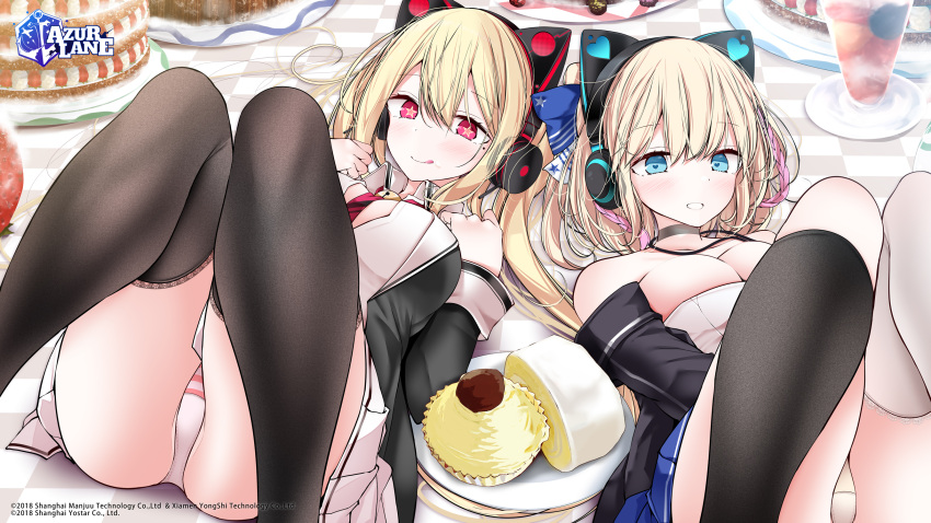 2girls animal_ears azur_lane bell blonde_hair breasts cake cleavage concord_(azur_lane) drink food fruit headphones logo oouso panties richmond_(azur_lane) short_hair strawberry tie twintails underwear