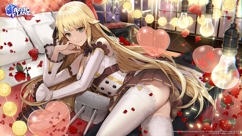 anthropomorphism aurora_(azur_lane) azur_lane bed blonde_hair flowers garter_belt green_eyes gun logo long_hair petals rose skirt stockings tcb thighhighs weapon