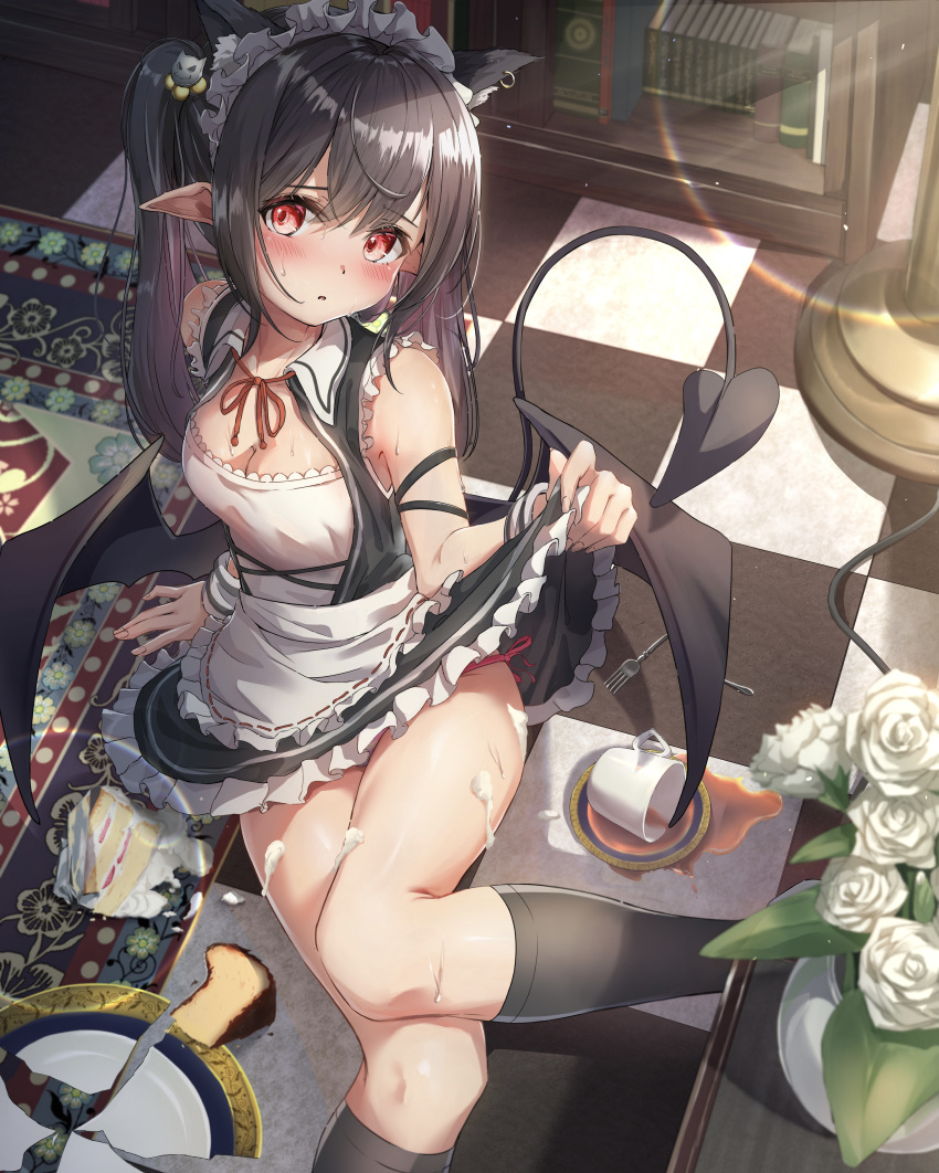 animal_ears cleavage cream maid nekomimi nose_(oekaki1825) pointy_ears skirt_lift tagme tail wings