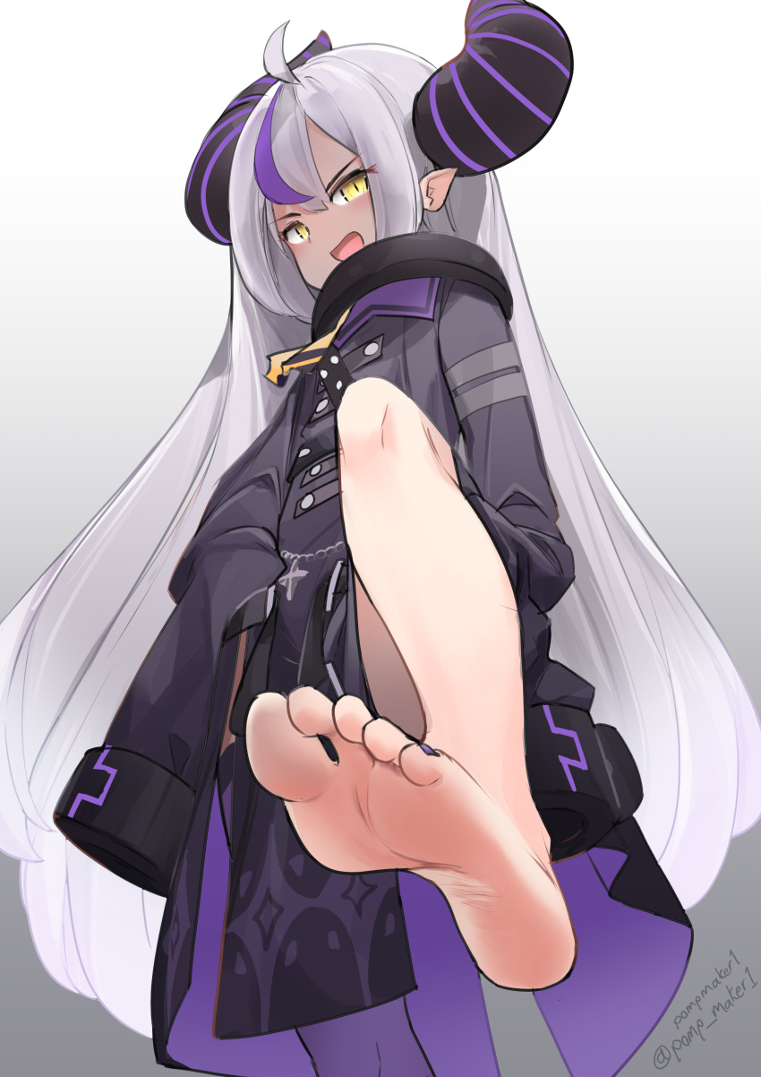 1girl absurdres artist_name bangs barefoot black_nails coat collar cuffs feet foot_focus gradient gradient_background highres hololive horns la+_darknesss long_hair looking_at_viewer multicolored_hair nail_polish open_mouth pointy_ears pompmaker1 purple_hair purple_legwear silver_hair single_thighhigh sleeves_past_wrists soles solo streaked_hair thighhighs toenail_polish toenails toes very_long_hair virtual_youtuber yellow_eyes