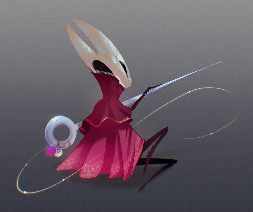 1girl arthropod_girl black_eyes black_skin cloak colored_skin full_body gradient_background grey_background holding hollow_knight hollow_knight:_silksong horned_mask hornet_(hollow_knight) horns krossan mask needle_(hollow_knight) red_cloak sitting solo weapon