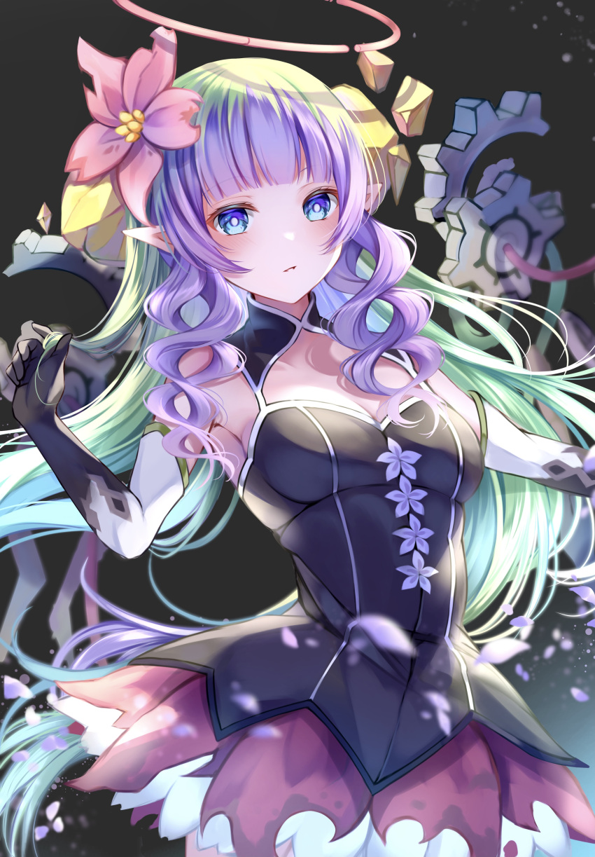 1girl absurdres ameth_(princess_connect!) bangs black_gloves black_shirt blue_eyes blunt_bangs breasts cleavage elbow_gloves eyebrows_visible_through_hair flower gloves green_hair hair_flower hair_ornament highres layered_skirt miniskirt multicolored_hair parted_lips pink_flower pointy_ears princess_connect! purple_hair purple_skirt ryuna_(inc_moon) shirt skirt sleeveless sleeveless_shirt small_breasts solo two-tone_gloves two-tone_hair white_gloves