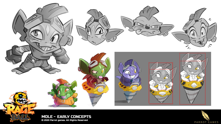 16:9 2021 2_toes 3_fingers 4k absurd_res anthro black_clothing black_eyes black_gloves black_handwear bottomwear brown_clothing brown_gloves brown_hair brown_handwear brown_kerchief brown_neckerchief button_(fastener) clothed clothed_anthro clothed_male clothing concept_art copyright_name derp_eyes diamond_(marking) digital_drawing_(artwork) digital_media_(artwork) drill ear_piercing ear_ring english_description english_text eulipotyphlan eyewear eyewear_on_head feet fingerless_gloves fingers fist freckled_face freckles fully_clothed fully_clothed_anthro fully_clothed_male giacomo_boni gloves goggles goggles_on_head green_body green_skin grey_body grey_bottomwear grey_clothing grey_eyes grey_eyewear grey_goggles grey_hair grey_markings grey_pants grey_skin grey_tongue hair handwear heterochromia hi_res kerchief lidded_eyes light lighting logo looking_at_viewer male mammal markings mohawk mole_(animal) mole_(rageball_league) multicolored_body multicolored_skin neckerchief neckwear noseless official_art open_mouth open_smile orange_eyes orange_hair orange_jumpsuit pants parrot_games piercing pink_tongue pockets pointy_ears purple_body purple_hair purple_skin purple_tail rageball_league riding ring_piercing shaded simple_background smile smiling_at_viewer solo standing tail text title toes tongue tongue_out toothy_grin white_background widescreen year yellow_eyes