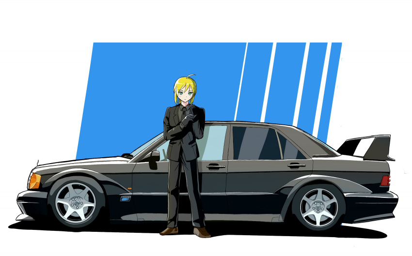1girl absurdres ahoge artoria_pendragon_(fate) black_car black_gloves black_jacket black_necktie black_pants black_suit blonde_hair blue_eyes brown_shoes car collared_shirt fate/zero fate_(series) gloves goldframe highres jacket looking_at_viewer mercedes-benz mercedes-benz_190e motor_vehicle necktie pants saber_(fate) shadow shirt shoes solo spoiler_(automobile) suit vehicle_focus