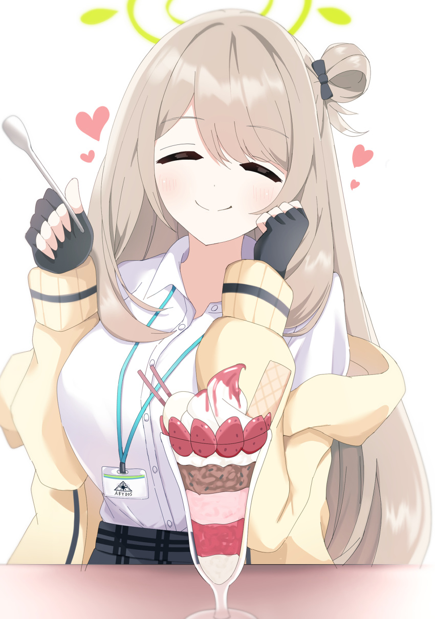 1girl absurdres black_bow blue_archive bow breasts cardigan cardigan_partially_removed closed_eyes closed_mouth commentary_request fingerless_gloves food gloves green_halo hair_bow hair_bun halo heart highres holding holding_spoon id_card lanyard large_breasts long_hair miton_iguana nonomi_(blue_archive) parfait shirt simple_background single_side_bun smile solo spoon table white_background white_shirt yellow_cardigan