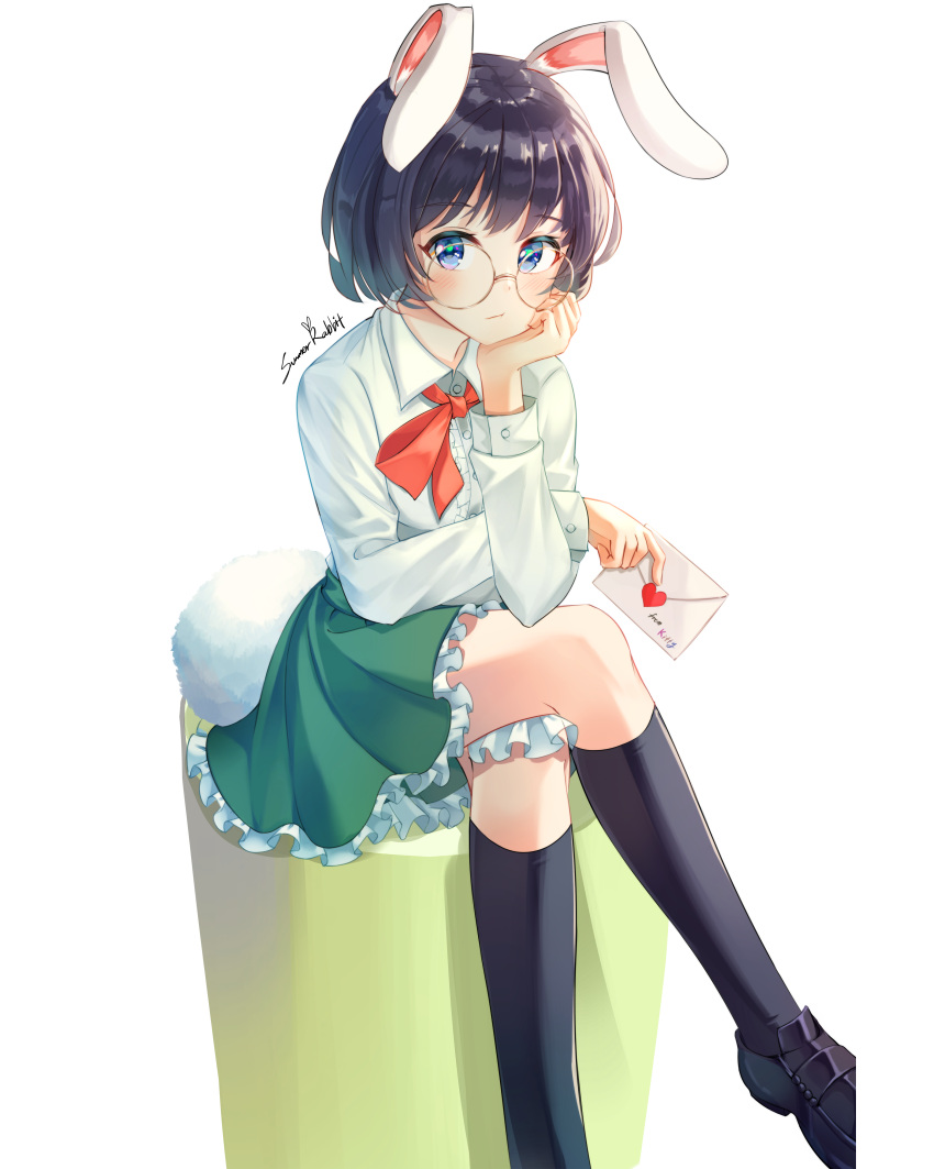 animal_ears bunny_ears megane seifuku skirt_lift summer-rabbit tail