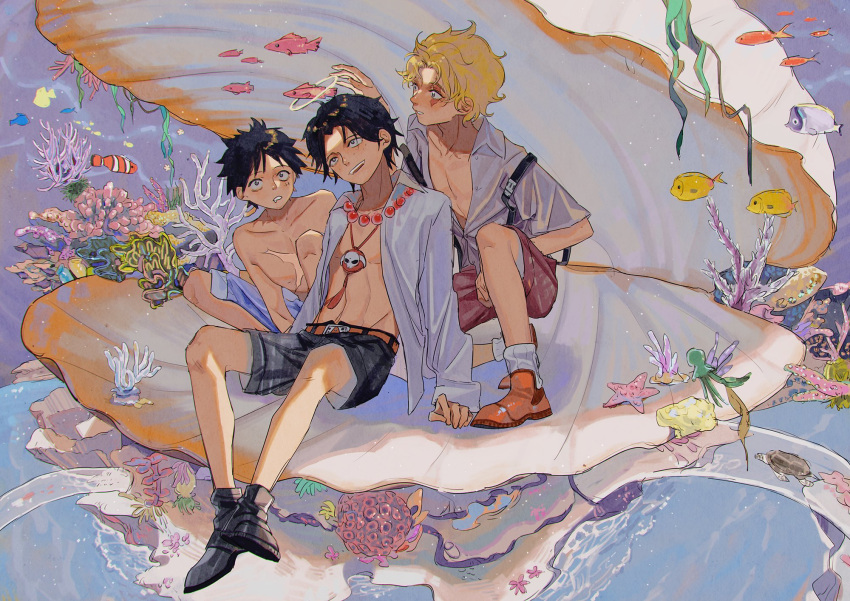 3boys akihare brothers clam coral fish halo highres jewelry male_focus monkey_d._luffy multiple_boys necklace one_piece open_clothes open_shirt portgas_d._ace sabo_(one_piece) scar short_hair short_sleeves shorts siblings topless_male underwater