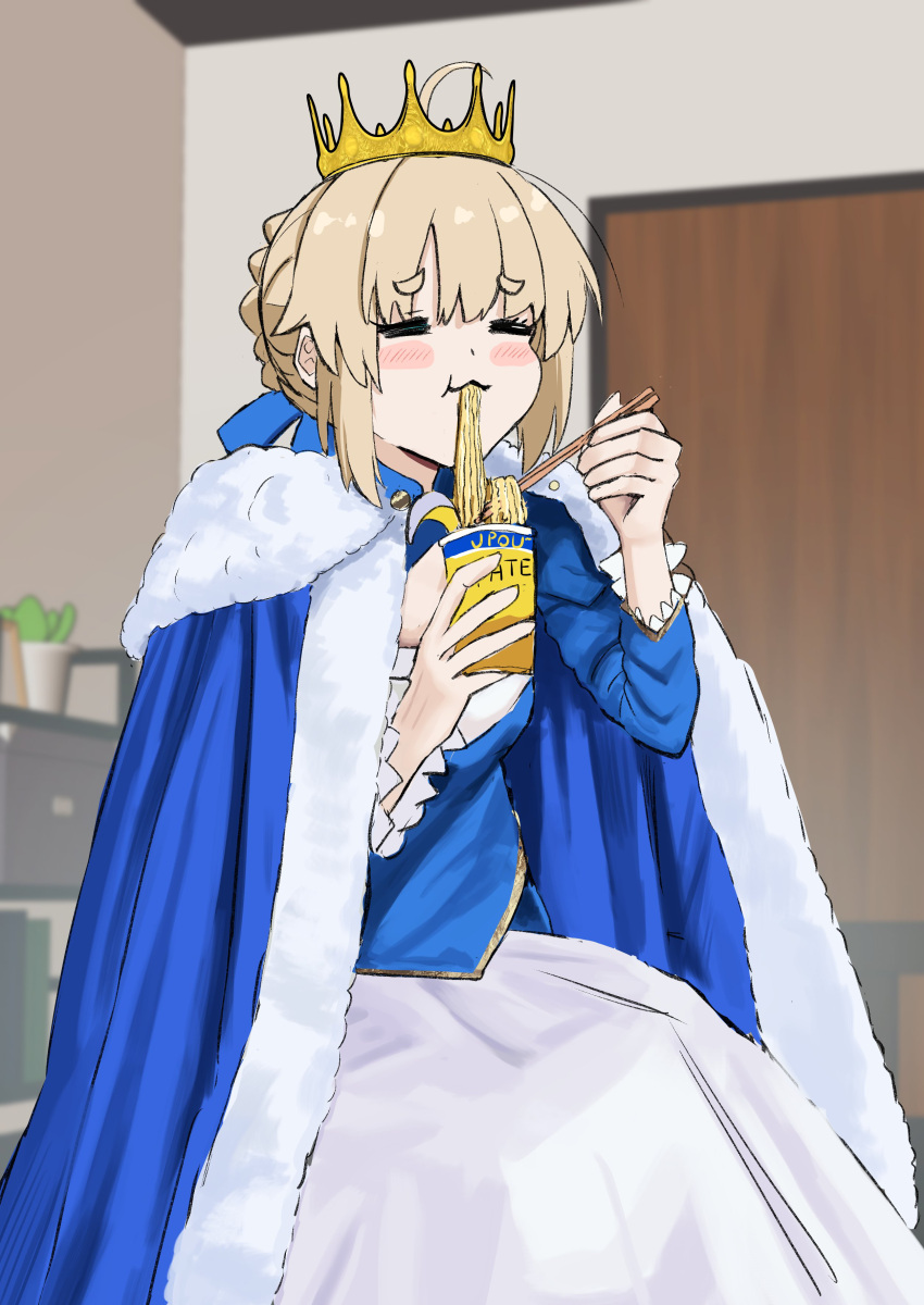 1girl absurdres artoria_pendragon_(fate) blue_cloak blue_shirt blush chopsticks cloak closed_eyes closed_mouth commentary_request crown cup cup_ramen eating fate/stay_night fate_(series) food_in_mouth fur_trim hair_bun highres holding holding_chopsticks holding_cup notonaon photo-referenced saber_(fate) shirt skirt solo white_skirt