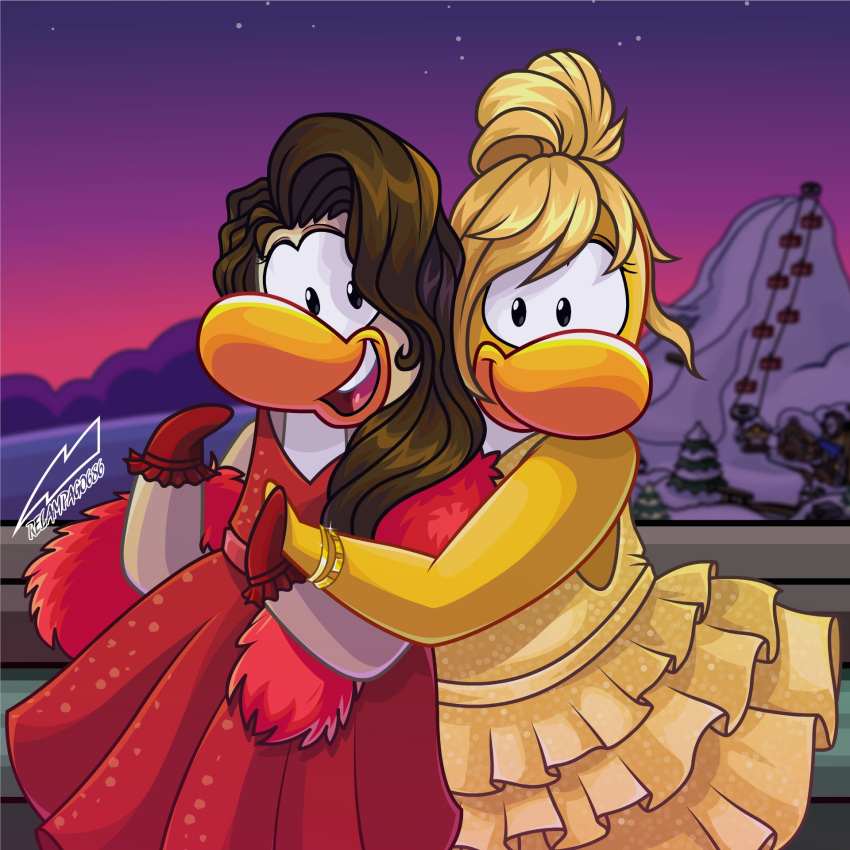 anthro artist_logo artist_name avian bird blonde_hair bracelet brown_hair clothing club_penguin dress duo female gloves gold_(metal) gold_bracelet gold_jewelry hair handwear hi_res jewelry logo long_hair open_mouth outside penguin purple_sky red_clothing red_dress red_gloves red_handwear relampago686 sky sleeveless_dress sunset text upper_teeth_only yellow_body yellow_clothing yellow_dress yellow_skin
