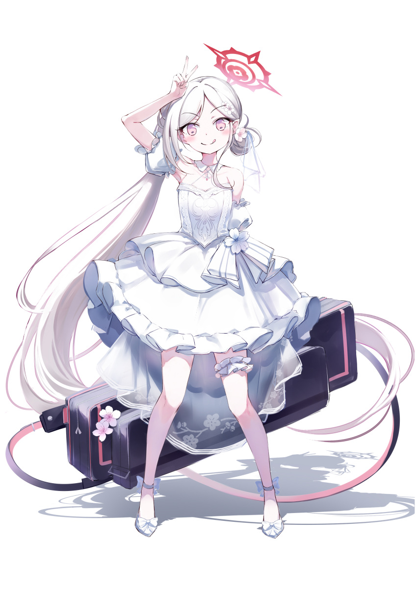 1girl :q absurdly_long_hair absurdres alternate_costume ankle_strap arm_behind_back arm_up armpits bare_legs bare_shoulders blue_archive bow bride cherry_blossom_print cherry_blossoms chosunbe closed_mouth criss-cross_halter detached_collar detached_sleeves dress flat_chest floral_print flower footwear_bow frilled_dress frilled_thigh_strap frills full_body hair_bun hair_flower hair_ornament halo halterneck high-low_dress highres layered_dress long_hair looking_at_viewer middle_part mutsuki_(blue_archive) parted_bangs petite pink_eyes pink_flower pointy_ears print_dress puffy_detached_sleeves puffy_sleeves red_halo see-through_clothes see-through_dress_layer shadow shoes short_dress short_sleeves side_ponytail simple_background single_hair_bun sleeveless sleeveless_dress split_mouth standing straight-on thigh_strap tongue tongue_out v very_long_hair waist_bow weapon_case wedding_dress white_background white_bow white_dress white_flower white_hair white_shoes zipper