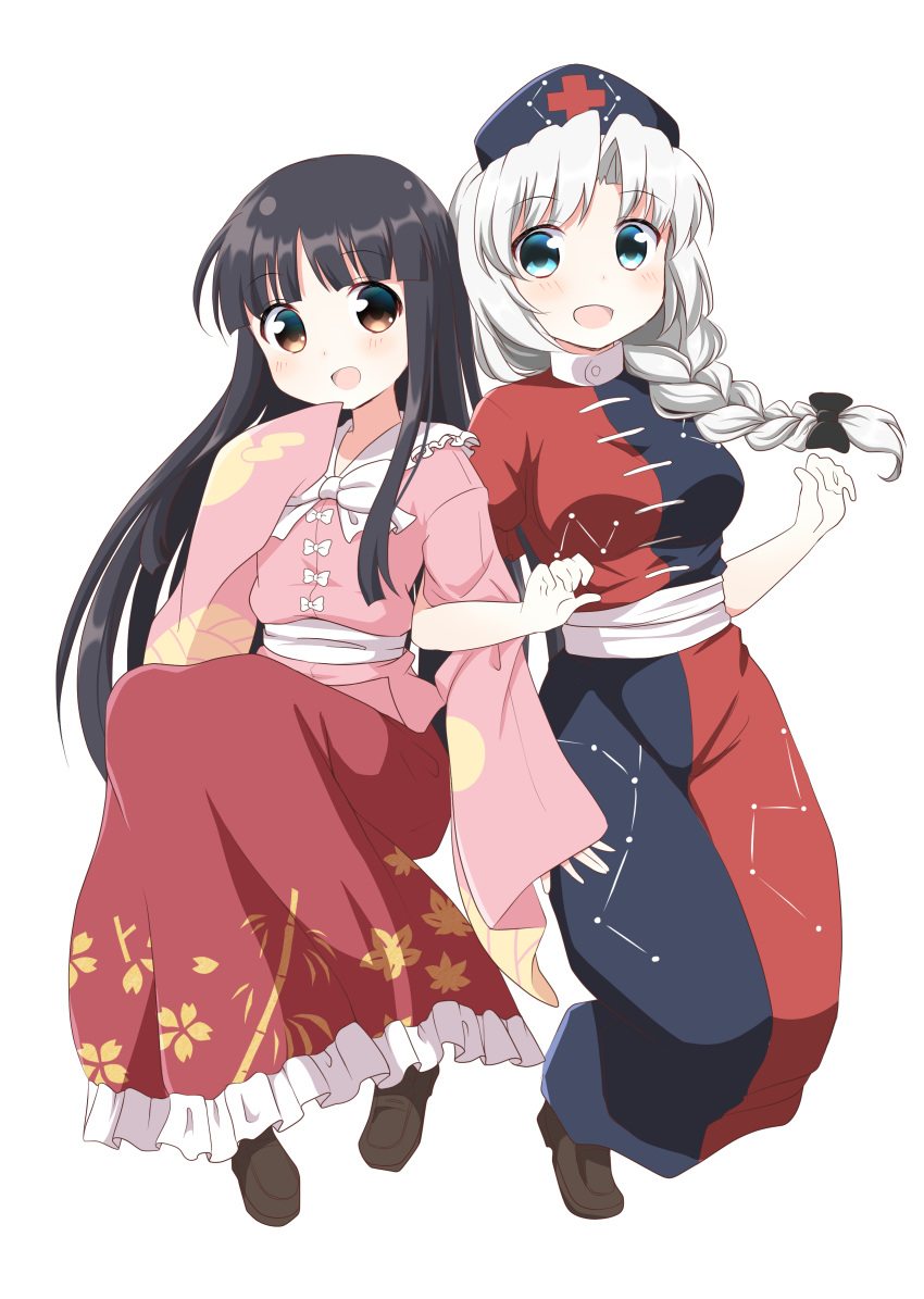 2girls :d absurdres bamboo_print bangs black_hair blue_dress blue_eyes blue_headwear blunt_bangs blush bow bowtie braid braided_ponytail brown_eyes brown_footwear collared_dress collared_shirt commentary_request constellation constellation_print cross dot_nose dress egasumi eyebrows eyebrows_visible_through_hair eyes_visible_through_hair frilled_dress frills full_body hat highres hime_cut houraisan_kaguya japanese_clothes kimono leaf_print loafers locked_arms long_hair long_sleeves looking_at_another looking_at_viewer multicolored_clothes multicolored_dress multiple_girls nurse_cap open_mouth pink_shirt puffy_short_sleeves puffy_sleeves red_cross red_dress sash shirt shoes short_sleeves sidelocks silver_hair simple_background single_braid sleeves_past_wrists smile touhou usagi_koushaku white_background white_bow white_bowtie white_sash yagokoro_eirin
