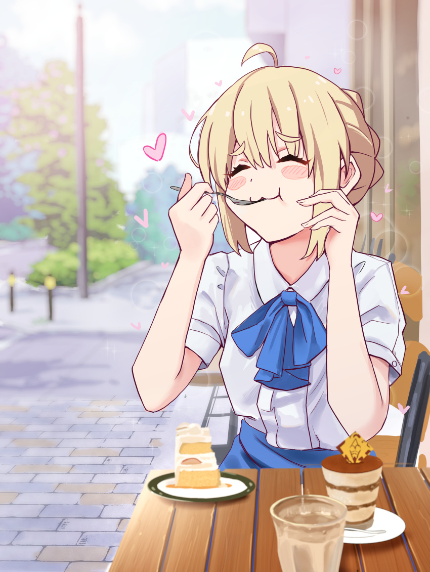 1girl :3 absurdres ahoge artoria_pendragon_(fate) blonde_hair blue_bow blue_bowtie blue_skirt blurry blurry_background blush_stickers bow bowtie cake cake_slice closed_eyes closed_mouth commentary_request cup dessert eating fate/stay_night fate_(series) food fork highres holding holding_fork notonaon outdoors photo-referenced saber_(fate) shirt sitting skirt solo table white_shirt wooden_table