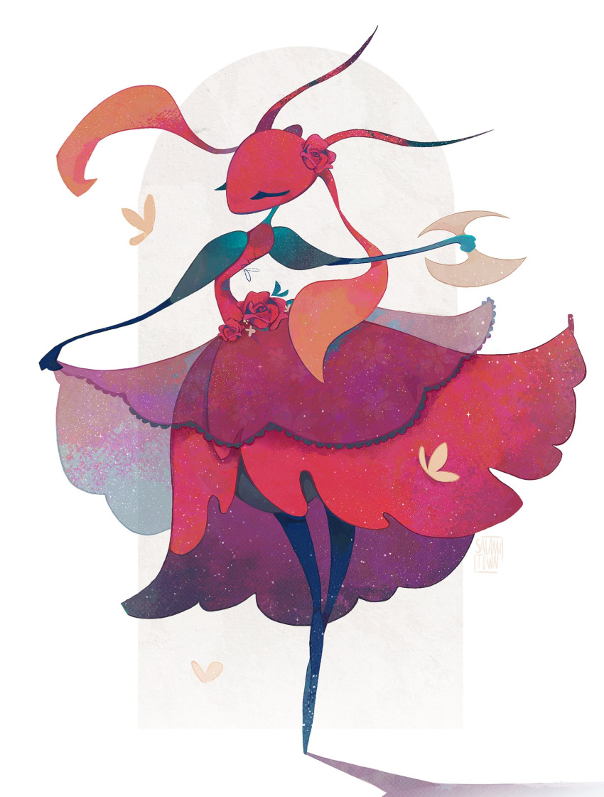 1girl ant_girl antennae arthropod_girl black_skin closed_eyes colored_skin commentary dress flower highres holding holding_weapon hollow_knight hollow_knight:_silksong red_dress red_flower red_rose red_skin rose salamitown skarrsinger_karmelita_(hollow_knight) solo weapon white_background