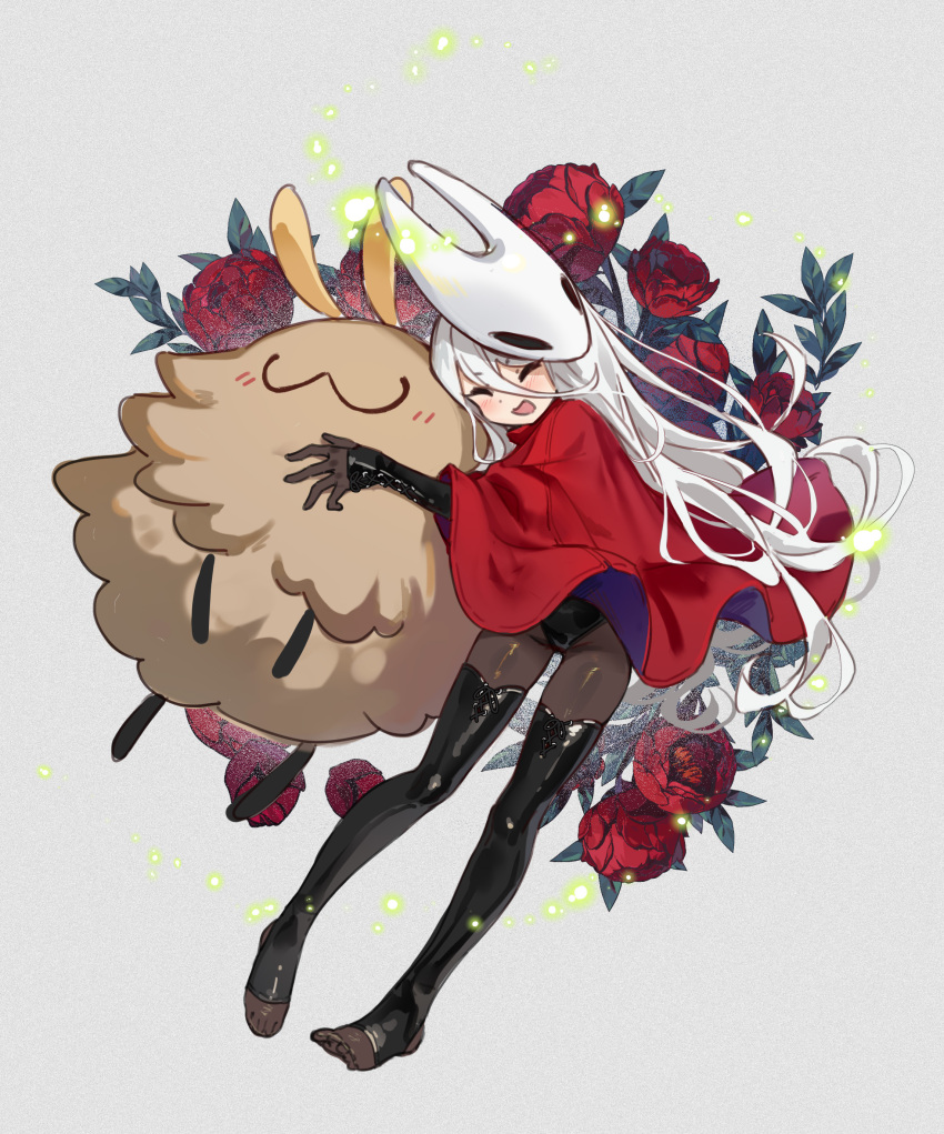 1girl :3 ^_^ absurdres black_leotard black_thighhighs blush bodystocking chinese_commentary cloak closed_eyes commentary_request cross-laced_clothes cross-laced_sleeves detached_sleeves flea_(hollow_knight) flower full_body grey_background hair_between_eyes highres hollow_knight hollow_knight:_silksong horned_mask hornet_(hollow_knight) hug humanization latex latex_thighhighs leotard long_hair long_hair_between_eyes mask mask_on_head no_shoes open_mouth red_cloak red_flower solo stirrup_legwear thighhighs toeless_legwear two-sided_cloak two-sided_fabric very_long_hair white_hair ziyue