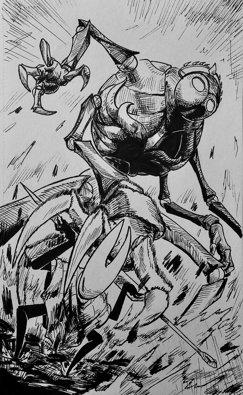 2025 2_horns 4_arms absurd_res ambiguous_gender arthropod attack battle biped black_arms black_legs claws cloak clothing duo female_(lore) fourth_chorus hi_res hollow_knight:_silksong hollow_knight_(franchise) horn hornet_(hollow_knight) inktober larger_ambiguous machine monochrome motion_lines multi_arm multi_limb pose robot sharpski size_difference smaller_ambiguous standing team_cherry