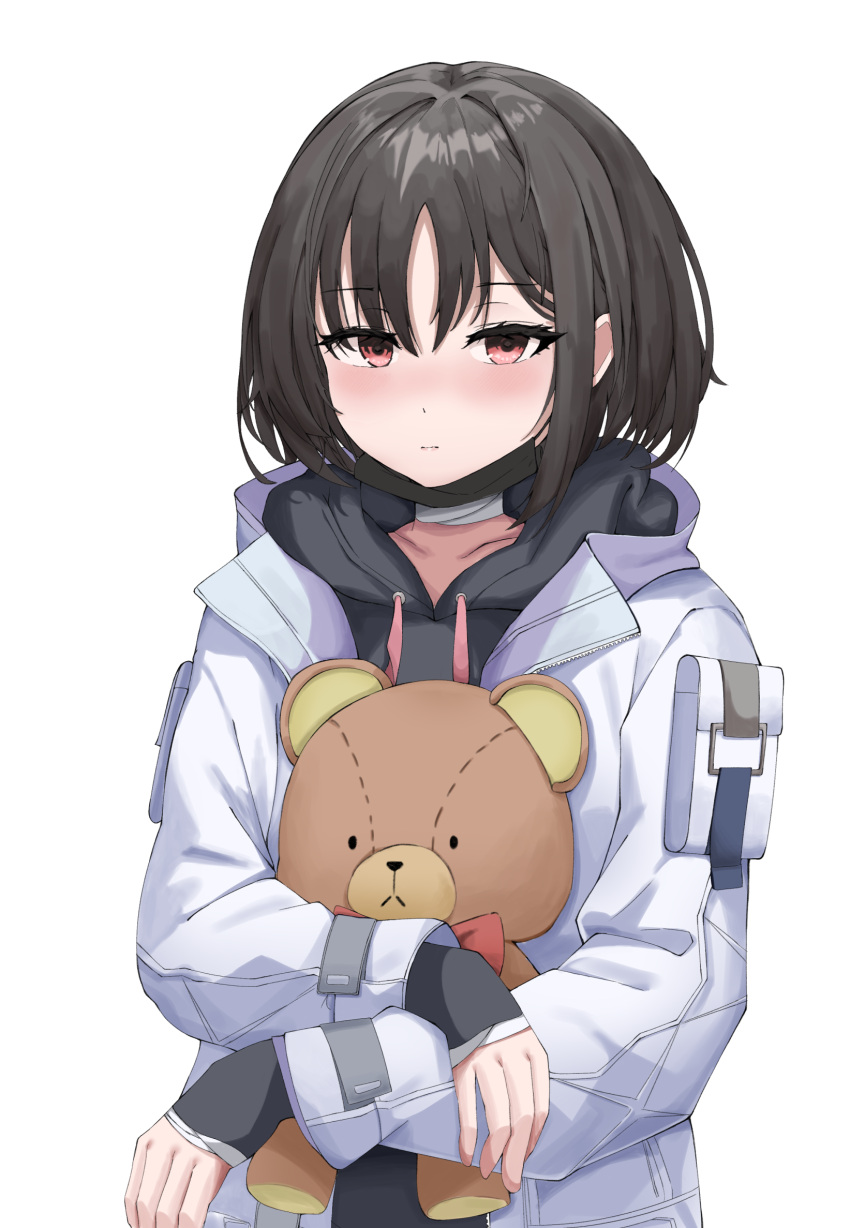 1girl bandaged_neck bandages black_hair black_hoodie black_mask blue_archive closed_mouth commentary dangbaeg_(user_ngka8457) highres hood hoodie hugging_object jacket light_blush looking_at_viewer mask mask_pull misaki_(blue_archive) mouth_mask no_halo red_eyes short_hair simple_background solo stuffed_animal stuffed_toy surgical_mask teddy_bear white_background white_jacket