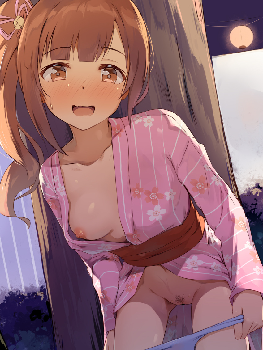 breasts censored igarashi_kyouko nipples no_bra open_shirt pantsu panty_pull pubic_hair pussy pussy_juice seneto skirt_lift the_idolm@ster the_idolm@ster_cinderella_girls undressing yukata