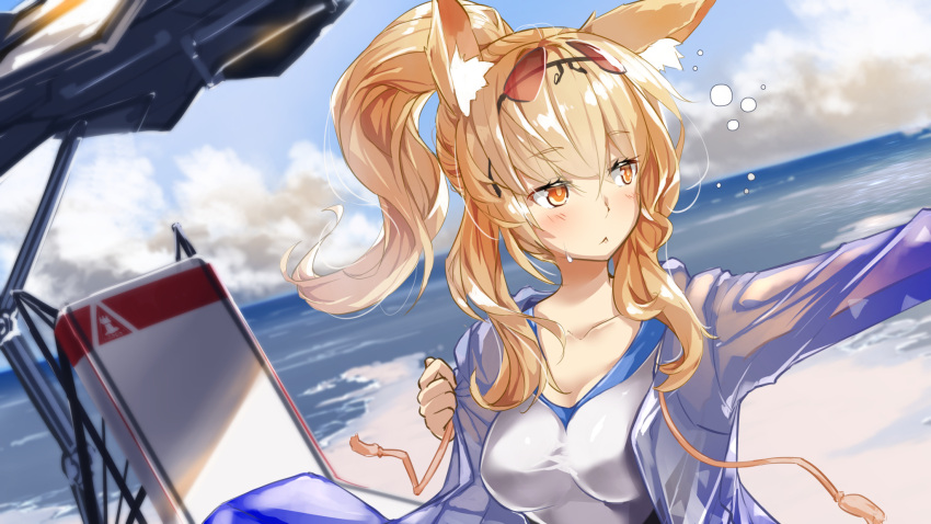 animal_ears arknights hellnyaa megane nearl_(arknights) open_shirt see_through swimsuits