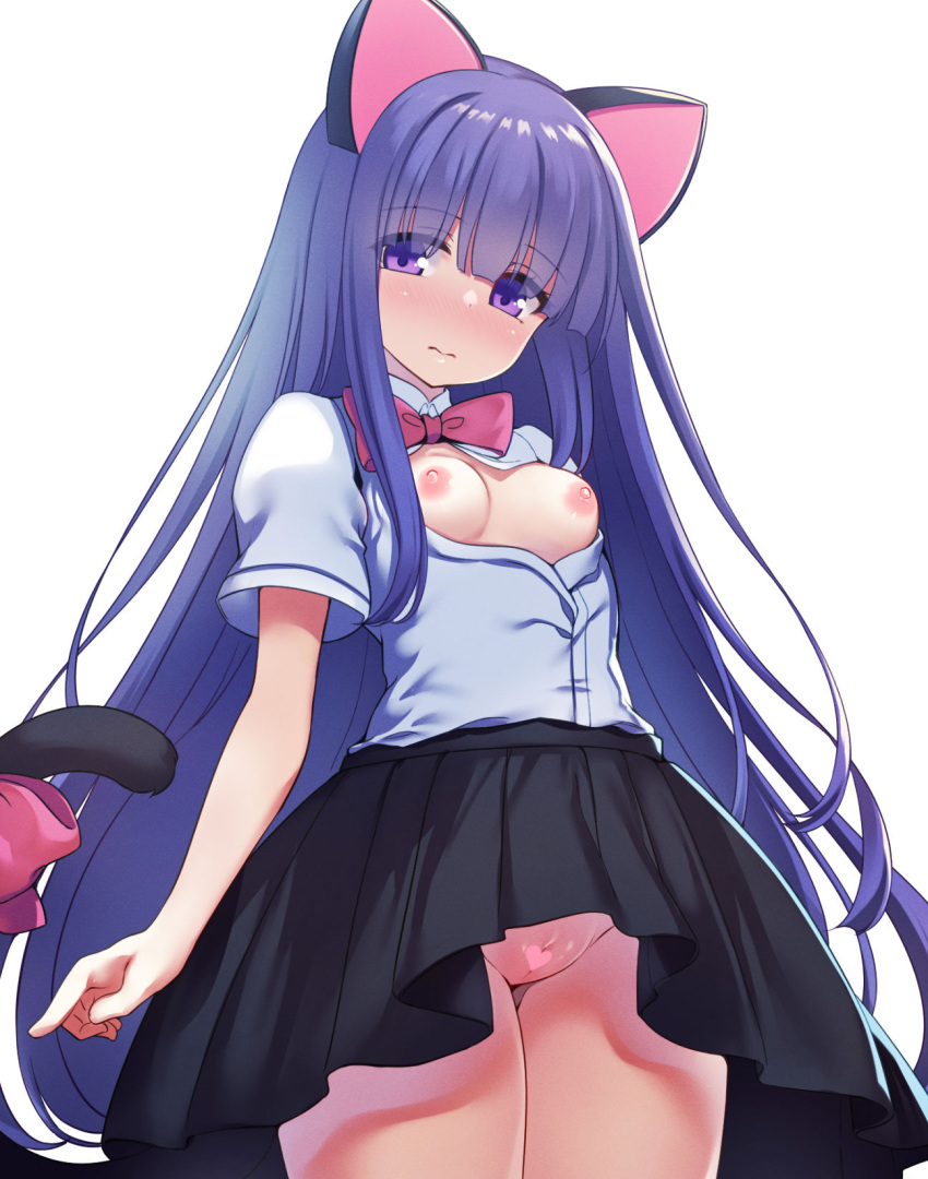 animal_ears breasts censored furude_rika higurashi_no_naku_koro_ni nekomimi nipples no_bra nopan open_shirt pussy skirt_lift tail yako