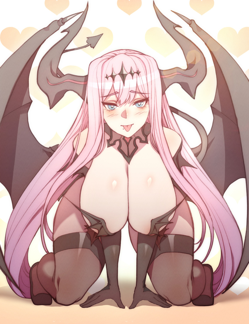 1girl :p bangs black_legwear blue_eyes blush breasts carcass_(artist) demon_girl demon_tail demon_wings elbow_gloves eyebrows_visible_through_hair garter_straps gloves hair_between_eyes hanging_breasts heart high_heels highres huge_breasts kneeling last_origin leaning_forward long_hair looking_at_viewer mole mole_under_mouth open_mouth pink_hair serapias_alice simple_background solo tail tattoo thick_thighs thighhighs thighs tiara tongue tongue_out very_long_hair white_background wings