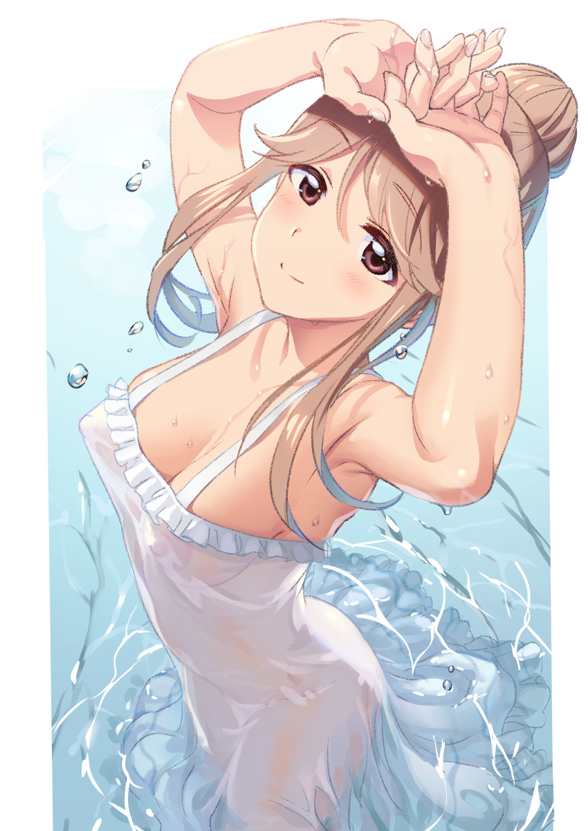 andou_shuuki dress nipples no_bra nopan see_through summer_dress tenkuubashi_tomoka the_idolm@ster the_idolm@ster_million_live! wet wet_clothes