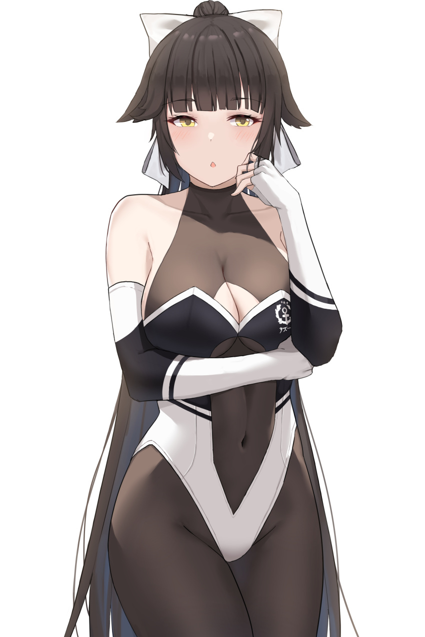 1girl absurdres animal_ears azur_lane bangs black_hair black_legwear blunt_bangs bodystocking bow breasts brown_eyes cleavage_cutout clothing_cutout cowboy_shot dog_ears hair_flaps highres large_breasts logo long_hair looking_at_viewer multicolored_leotard murding official_alternate_costume pantyhose ponytail race_queen simple_background solo standing takao_(azur_lane) takao_(full_throttle_charmer)_(azur_lane) two-tone_leotard white_background white_bow