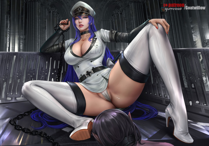 1boy 1girl akame_ga_kill! bangs bdsm black_hair blue_eyes bondage booth bound breasts cleavage esdeath femdom hat holding holding_leash large_breasts leash long_hair looking_at_viewer military military_uniform ming_xing open_mouth sword uniform weapon