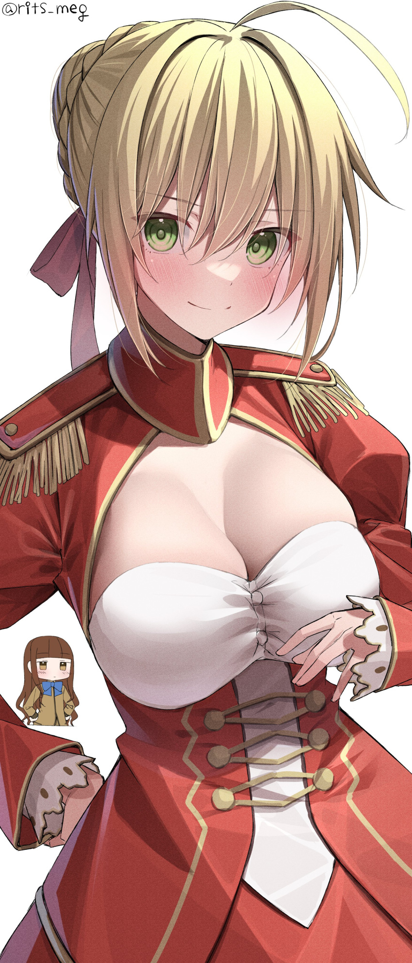 2girls absurdres ahoge bangs blonde_hair blue_ribbon blunt_bangs breasts brown_eyes brown_hair cleavage cleavage_cutout closed_mouth clothing_cutout commentary dress epaulettes eyebrows_visible_through_hair fate/extra fate_(series) green_eyes hair_between_eyes hair_ribbon hand_on_hip hands_on_hips highres jitome kishinami_hakuno_(female) large_breasts light_smile long_hair long_sleeves looking_at_viewer multiple_girls neck_ribbon nero_claudius_(fate) nero_claudius_(fate/extra) red_dress red_ribbon ribbon rits_(apud8788) school_uniform simple_background tsukumihara_academy_uniform_(fate/extra) twitter_username white_background