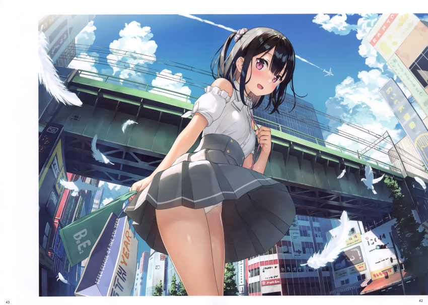 1girl absurdres aircraft airplane bag bare_shoulders black_hair blue_sky breasts cityscape clothes_lift condensation_trail day feathers fisheye from_below hair_ornament hair_scrunchie high-waist_skirt highres kantoku looking_at_viewer non-web_source one_side_up original panties pantyshot pleated_skirt purple_eyes scan scrunchie shizuku_(kantoku) shopping_bag shoulder_bag sidelocks skirt skirt_lift sky small_breasts smile solo standing underwear white_panties wind wind_lift