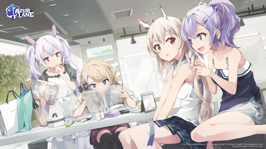 4girls alternate_costume animal_ears ayanami_(azur_lane) azur_lane bag black_legwear black_shirt blonde_hair book braid casual cosmetics cross_hair_ornament dress fake_animal_ears hair_ornament headgear highres javelin_(azur_lane) laffey_(azur_lane) light_purple_hair long_hair miniskirt mirror multiple_girls open_book plaid plaid_skirt platinum_blonde_hair purple_hair rabbit_ears red_eyes shirt shopping_bag short_sleeves skirt sleeveless sleeveless_shirt thighhighs twintails white_dress white_shirt white_skirt yoshito z23_(azur_lane)