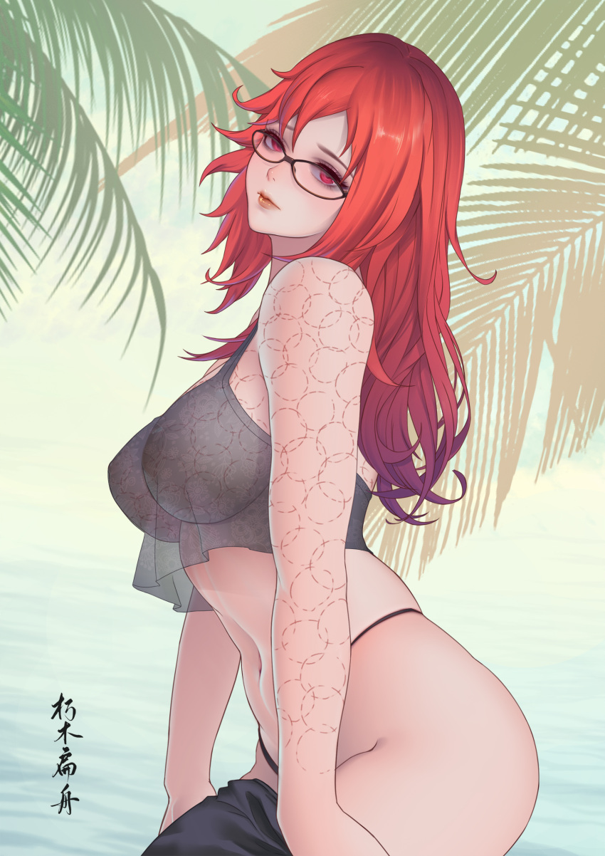 1girl absurdres arched_back arm_support bare_shoulders beach bite_mark breasts closed_mouth clothes_pull covered_nipples cowboy_shot expressionless eyebrows_visible_through_hair from_side glasses head_tilt highres karin_(naruto) long_hair looking_at_viewer medium_breasts naruto_(series) navel palm_tree pants pants_pull red_eyes red_hair see-through see-through_shirt solo thighs thong tree water xiumu_bianzhou