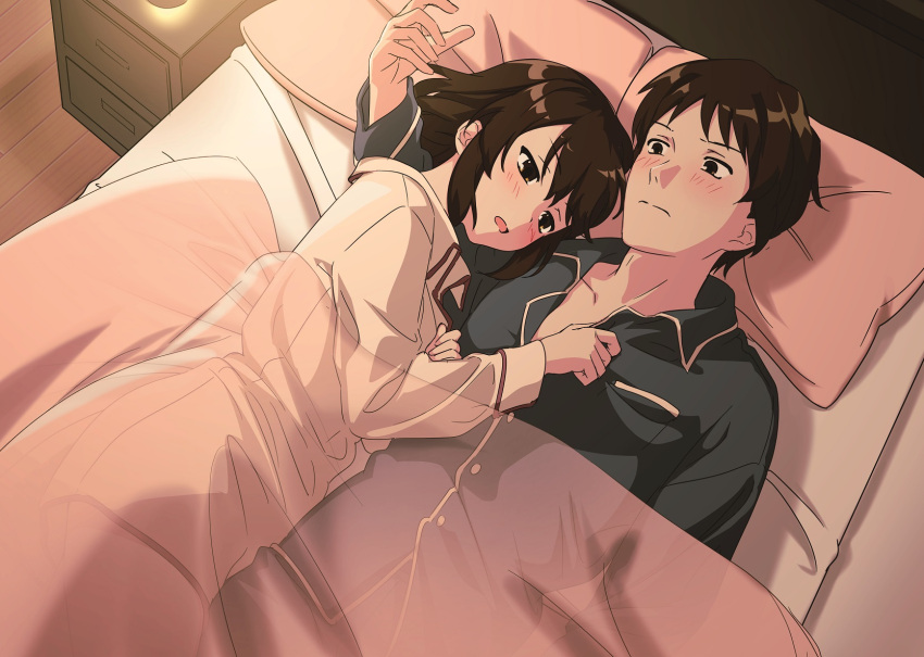 1boy 1girl bangs bed bedroom blanket blush brown_eyes brown_hair buttons closed_mouth collarbone commentary_request couple green_pajamas hand_up head_on_pillow hetero highres hotaru_iori ichimi_renge indoors kyon long_sleeves looking_at_another lying medium_hair on_back on_bed on_side open_mouth pajamas pajamas_pull pillow second-party_source see-through short_hair split_mouth suzumiya_haruhi suzumiya_haruhi_no_yuuutsu under_covers wavy_mouth white_pajamas wooden_floor