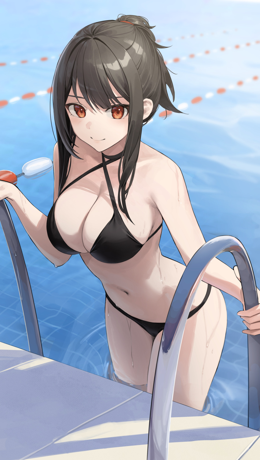 1girl absurdres bangs bare_arms bare_shoulders bikini black_bikini black_choker black_hair breasts choker cleavage closed_mouth criss-cross_halter hair_tie halter_top halterneck highres lane_line large_breasts long_hair looking_at_viewer navel original ponytail pool pool_ladder red_eyes sidelocks smile solo standing star741 stomach swimsuit wading water wet