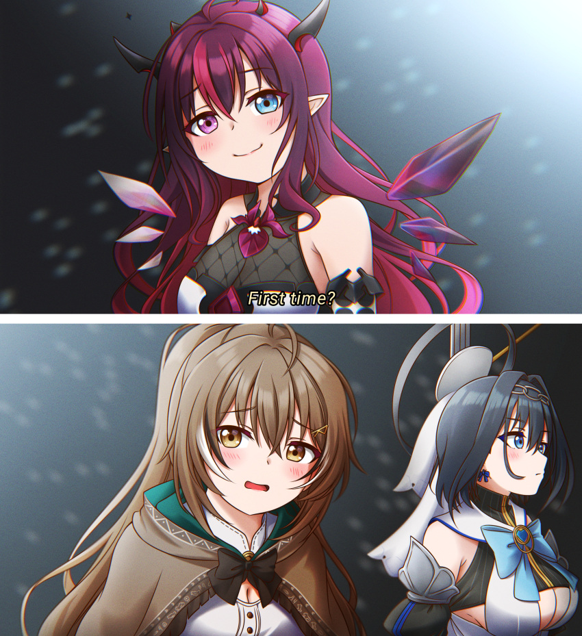 3girls absurdres ahoge bare_shoulders black_hair blue_eyes bow bow_earrings breasts brown_eyes brown_hair chromatic_aberration cleavage cleavage_cutout clothing_cutout crystal crystal_wings detached_sleeves detached_wings earrings english_text expressionless heterochromia highres hololive hololive_english horns huge_filesize irys_(hololive) jan_azure jewelry large_breasts long_hair medium_breasts multiple_girls multiple_horns nanashi_mumei ouro_kronii parody pointy_ears purple_eyes red_hair smile subtitled the_ballad_of_buster_scruggs upper_body virtual_youtuber wavy_hair wings