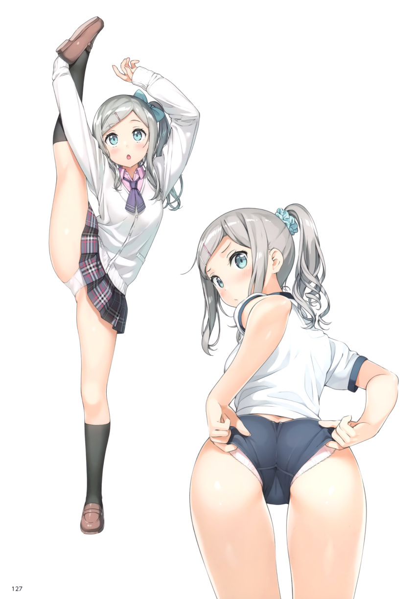 1girl absurdres adjusting_buruma adjusting_clothes arms_up ass black_legwear blue_eyes blue_scrunchie blush bow breasts buruma cardigan cowboy_shot from_behind full_body grey_hair gym_uniform hair_bow hair_ornament hair_scrunchie hairclip highres kantoku kneehighs leaning_forward leg_lift loafers long_hair looking_at_viewer looking_back looking_up miniskirt multiple_views non-web_source open_mouth original panties panties_under_buruma plaid plaid_skirt pleated_skirt ponytail scan school_uniform scrunchie shirt shoes short_sleeves side_ponytail sidelocks silver_hair simple_background skirt sleeves_past_wrists small_breasts standing standing_on_one_leg underwear white_background white_panties white_shirt