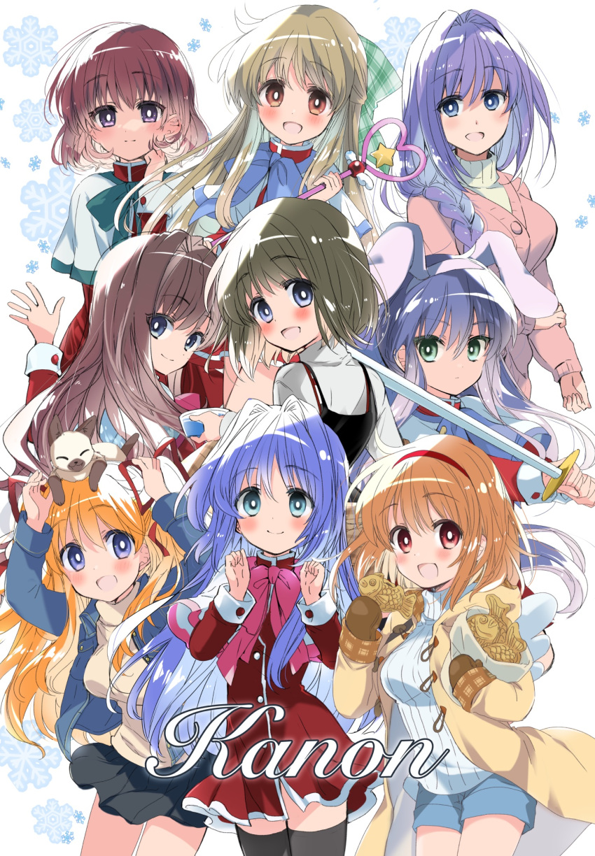 6+girls amano_mishio animal_ears backpack bag black_legwear black_skirt blue_hair braid copyright_name denim denim_shorts fake_animal_ears food hair_over_shoulder highres izumi_rei kanon kawasumi_mai kurata_sayuri long_hair minase_akiko minase_nayuki misaka_kaori misaka_shiori mittens multiple_girls orange_hair ponytail rabbit_ears ribbed_sweater sawatari_makoto school_uniform short_hair shorts single_braid skirt sweater sword taiyaki thighhighs tsukimiya_ayu twintails wagashi weapon white_sweater