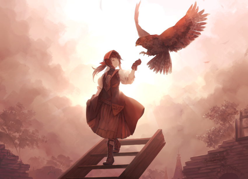 1girl bird boots brown_hair cloud cloudy_sky cross-laced_footwear dress falcon falcon_(girls'_frontline) falconry girls'_frontline gloves highres lace-up_boots long_hair outstretched_arm sky solo stairs suginakara_(user_ehfp8355) sunset traditional_clothes